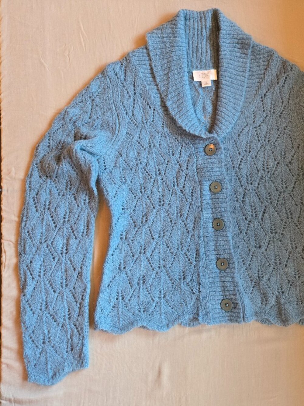 LOFT Dusty Blue Open Lace Knit Mohair Cardigan w Ribbed Shawl Style Collar M - Picture 14 of 16